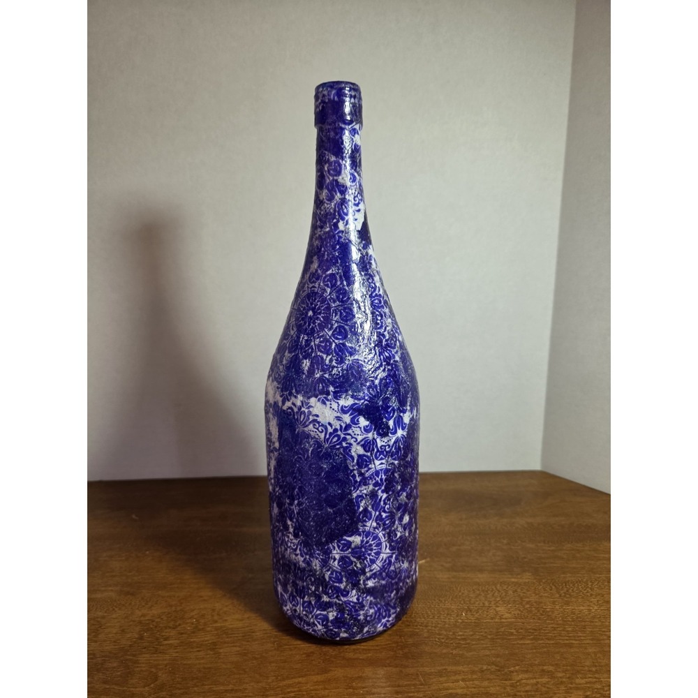 Vintage Decoupage Cobalt Blue Glass Tall Bottle 14"